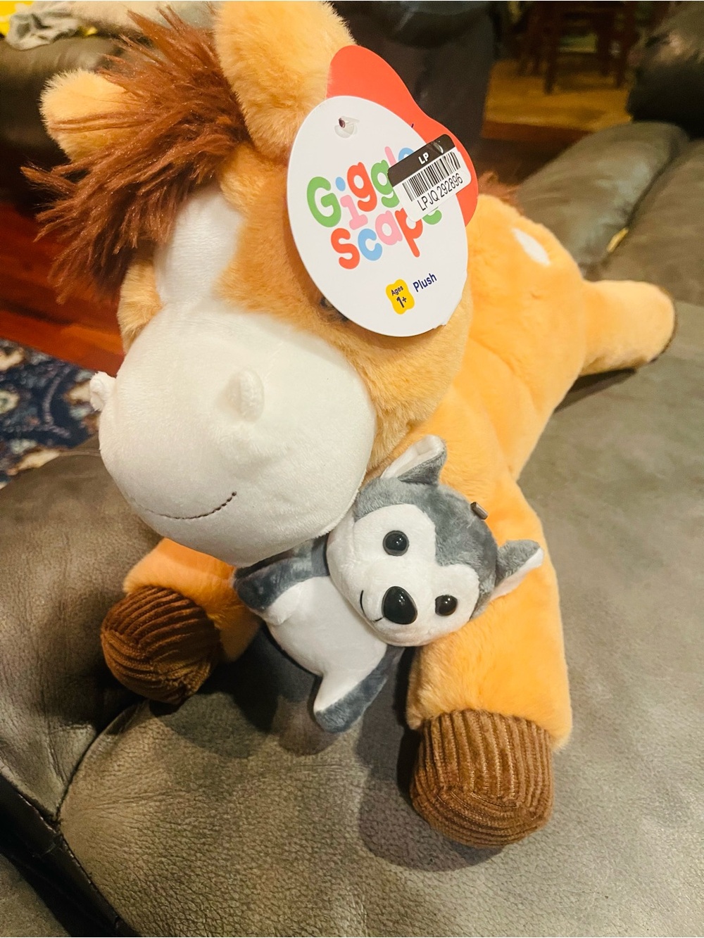 Plush Horse with Gray Husky Buddy - Orange